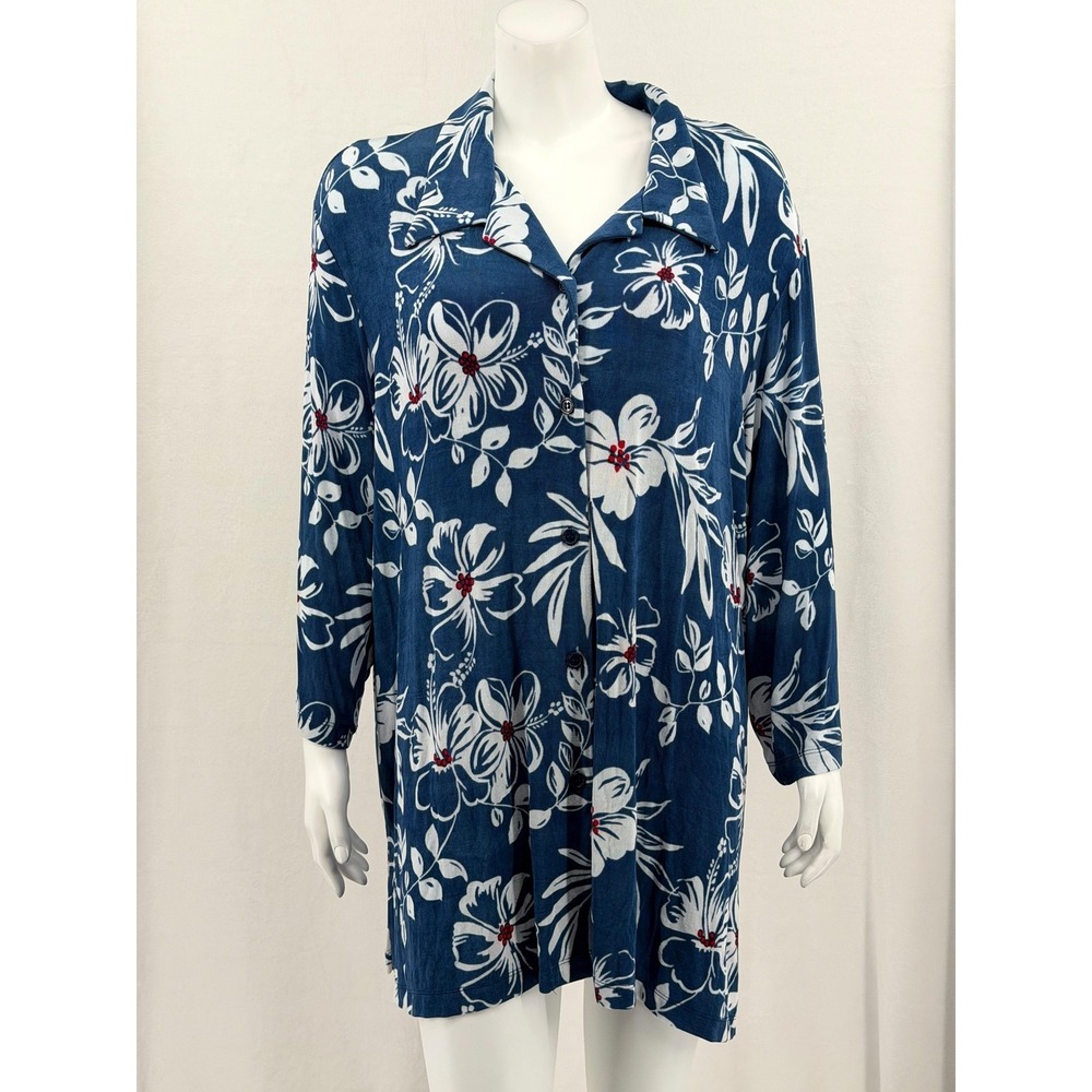Slinky Brand Top Womens 2X Blue White Floral Button Up Tunic Stretch Office Work